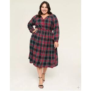 Lane Bryant Dress Womens 20 Red Green Plaid Lurex Smocked Midi Shimmer Flannel